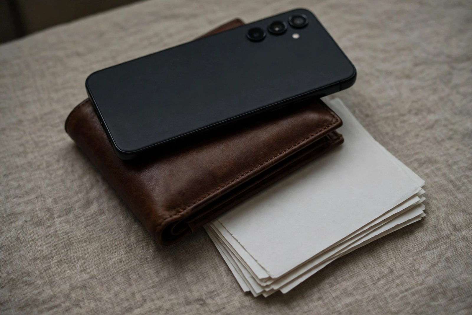 Smartphone resting on a wallet and papers after a call from 9084708025