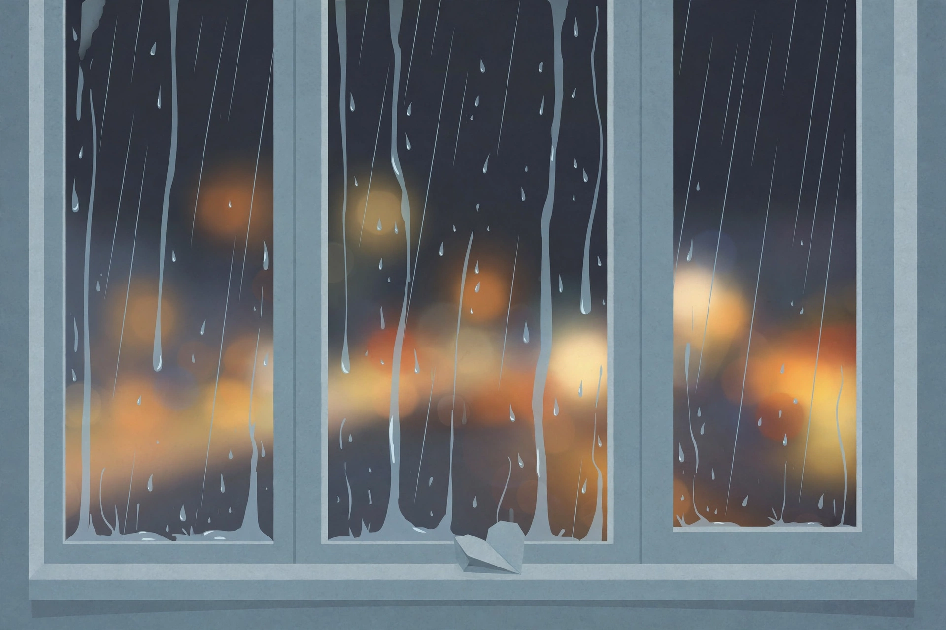 Illustration of rain streaking down a window at night with blurred warm city lights outside