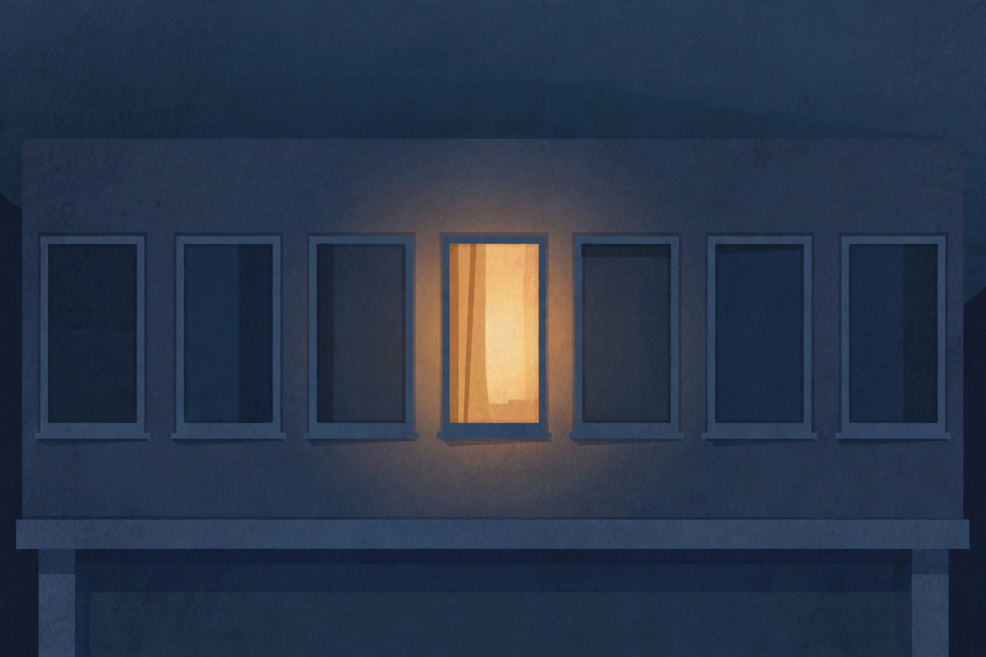 Illustration of dark apartment windows at night with a single warm window lit