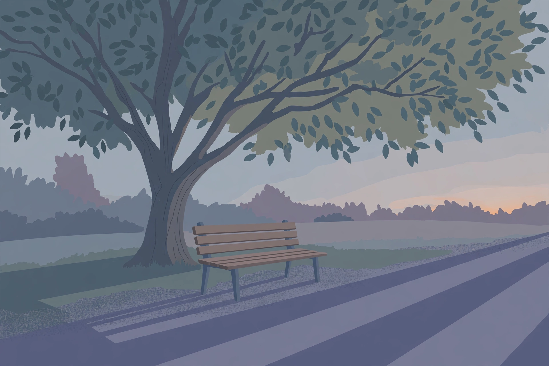 Illustration of an empty park bench under a large tree at dusk with long shadows