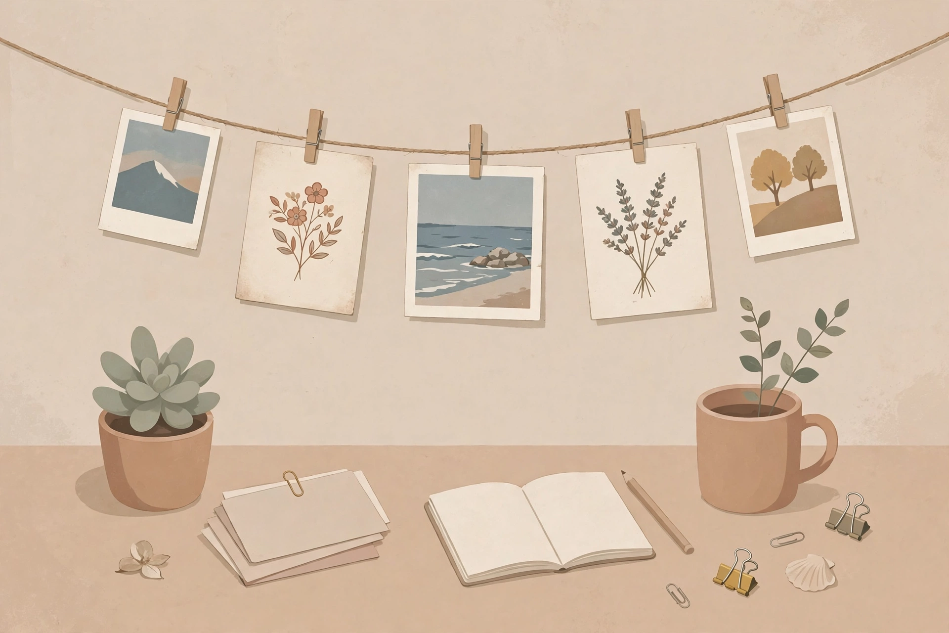 Illustration of a string of postcards and small photos pinned above a desk