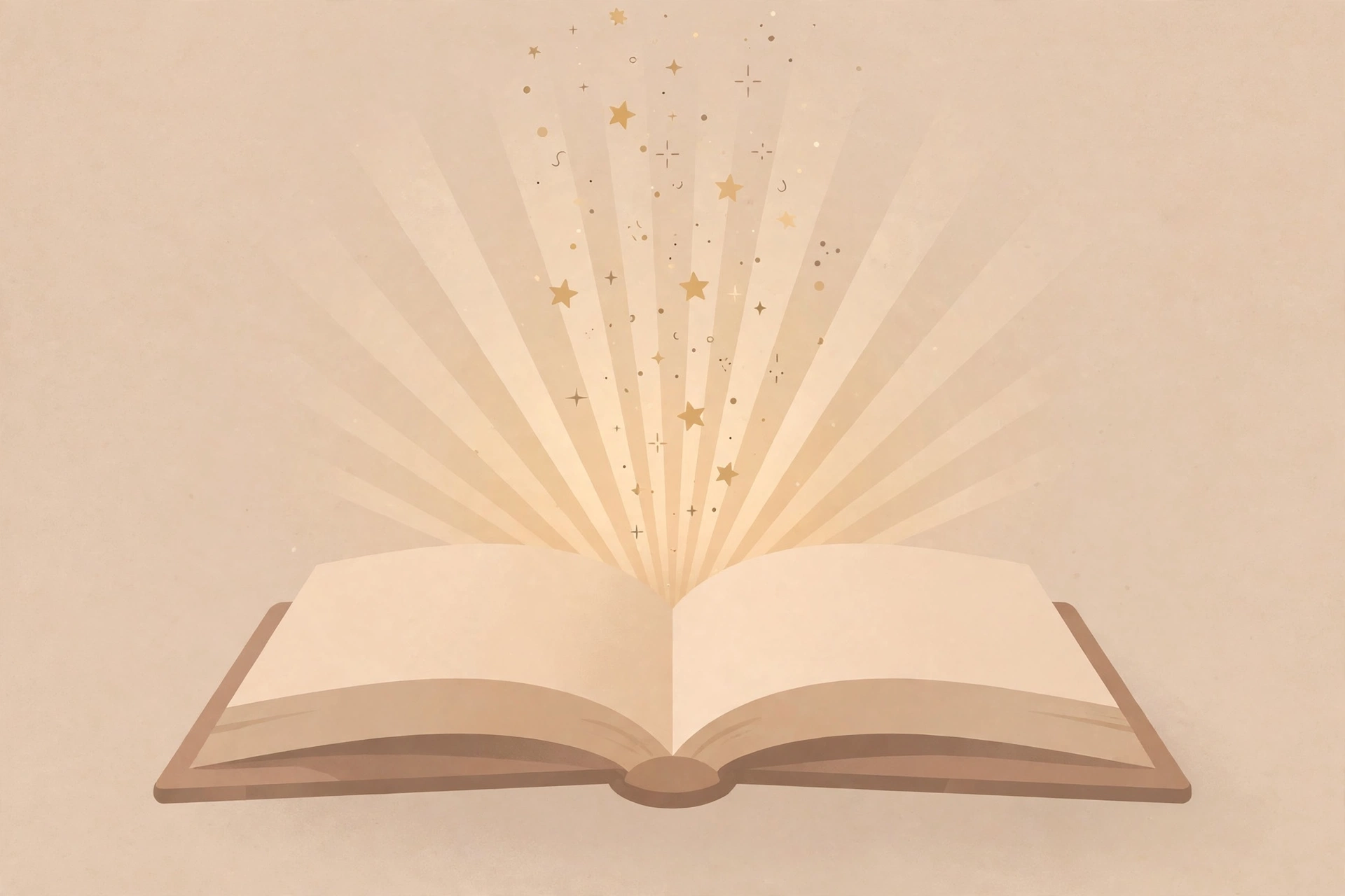 Illustration of an open book with gentle rays of light and small stars rising from its pages
