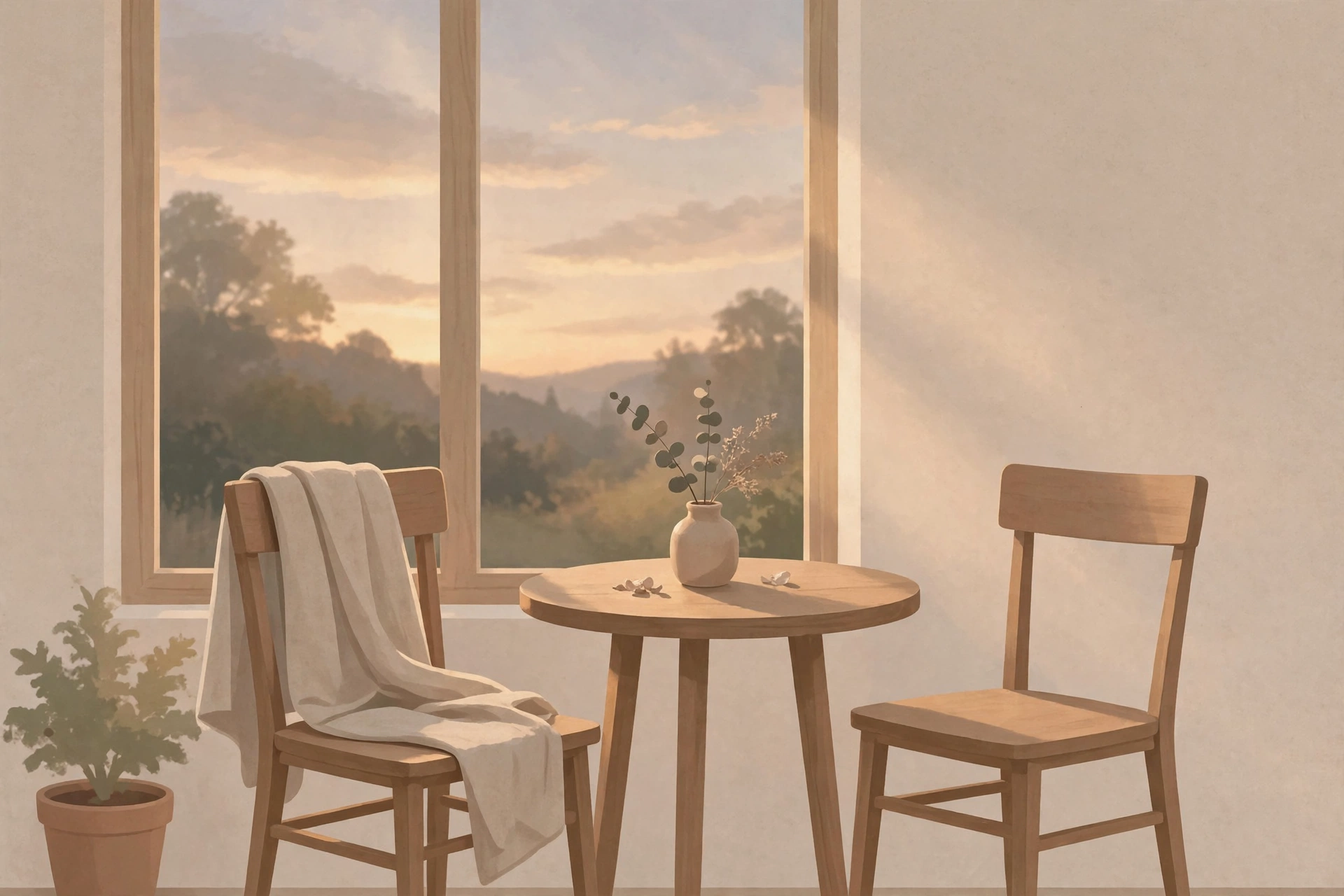 Illustration of two chairs at a small table, one empty, in soft evening light