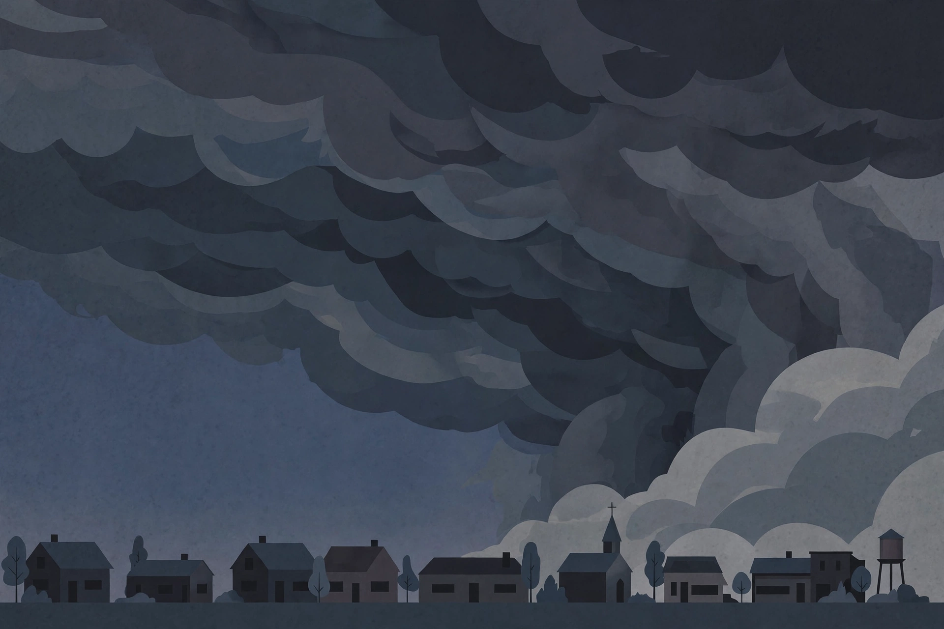 Illustration of heavy storm clouds gathering over a quiet town skyline at dusk