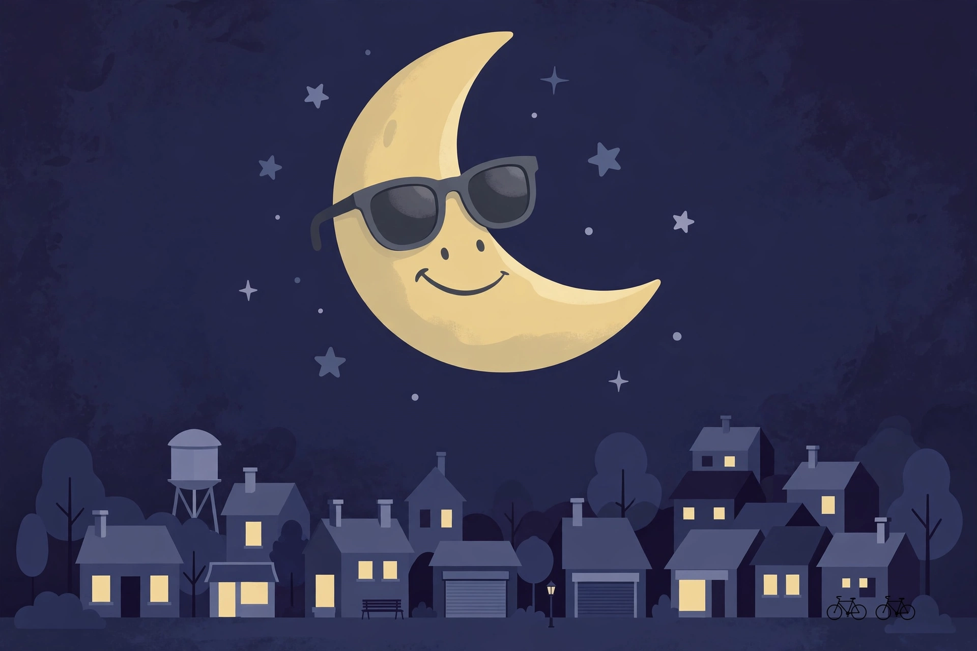 Illustration of a smiling crescent moon wearing sunglasses over a sleepy town at night