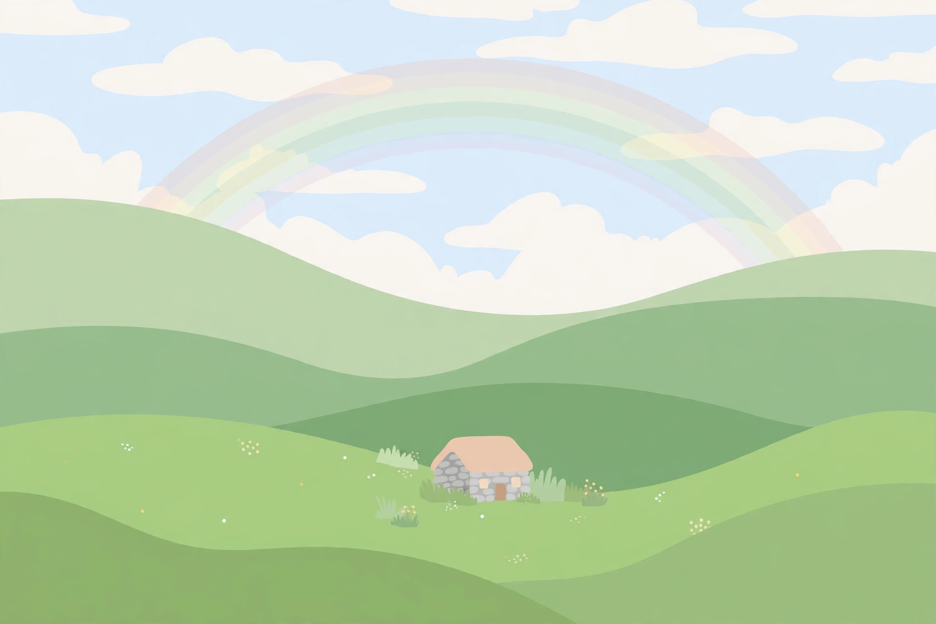 Illustration of rolling green Irish hills with a small stone cottage and a faint rainbow