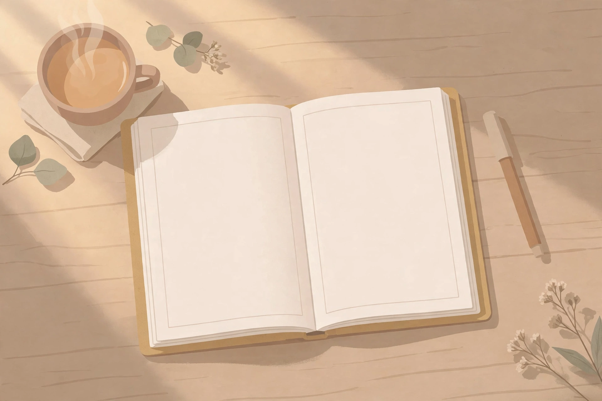 Illustration of an open gratitude journal with a pen and a cup of tea in soft morning light