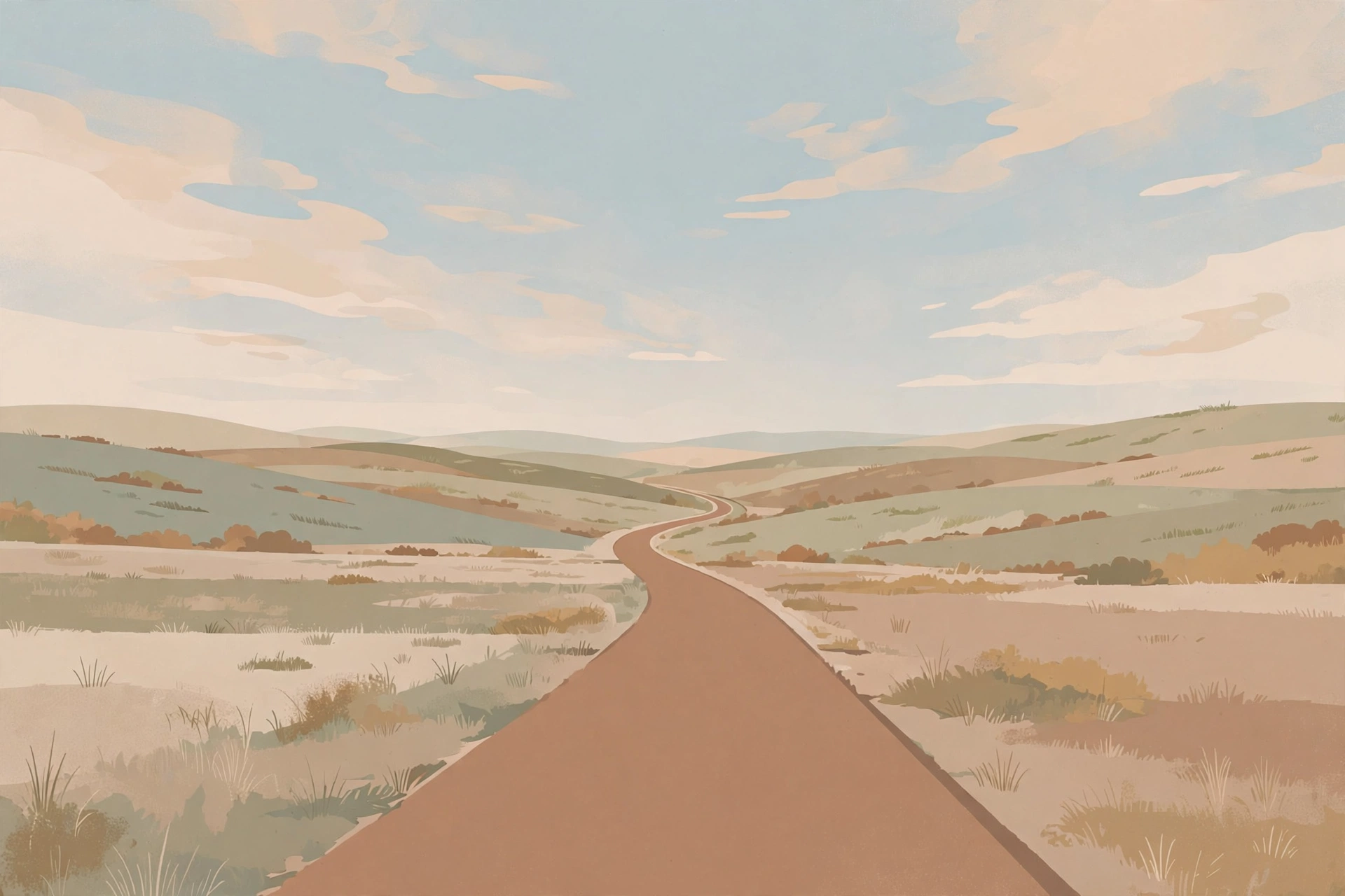 Illustration of an open road stretching through countryside under a wide sky