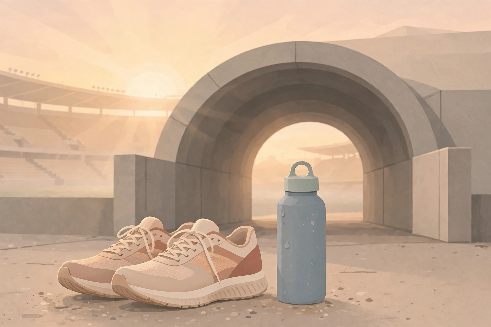 Illustration of running shoes and a water bottle by a stadium tunnel at sunrise