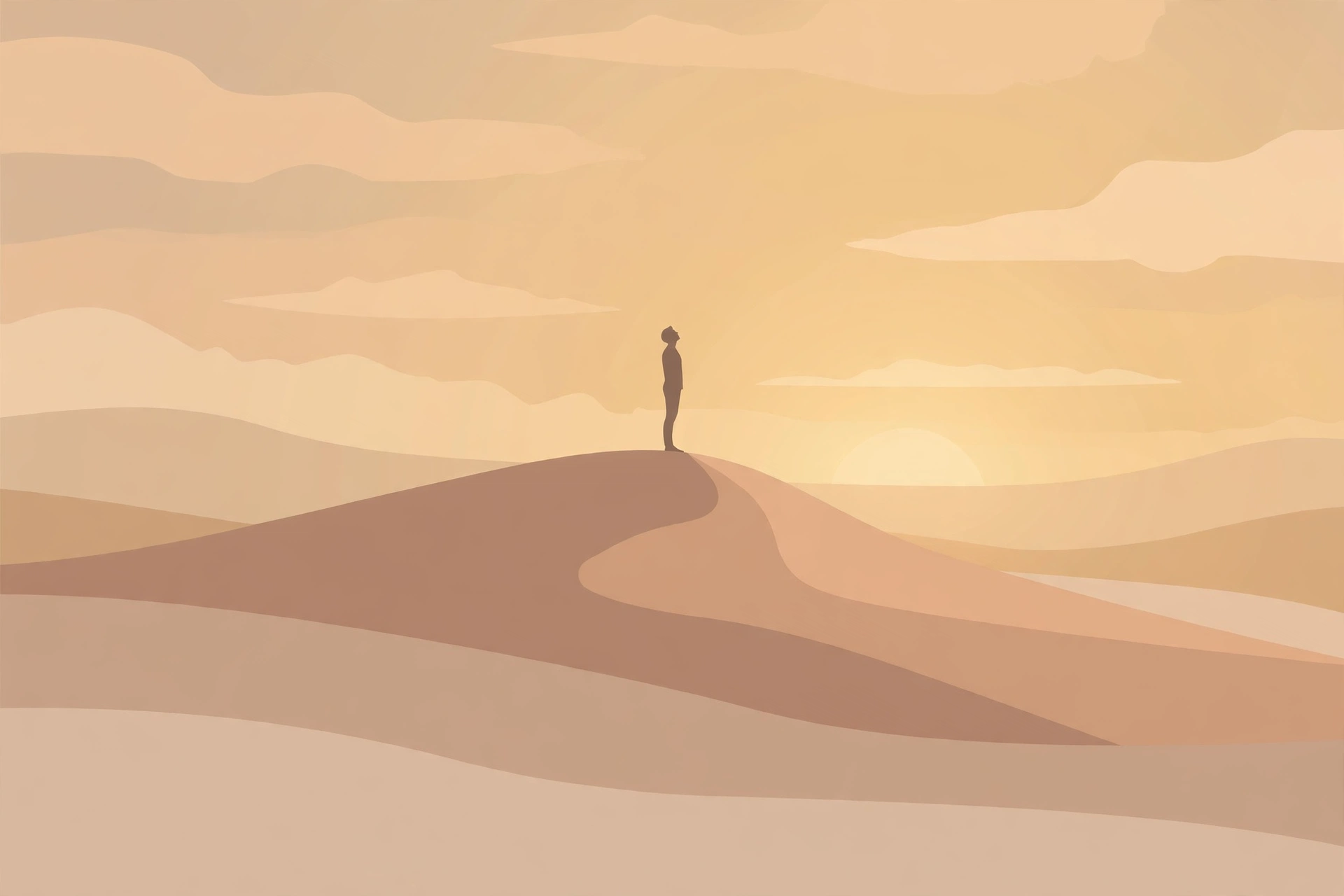 Illustration of a lone figure standing tall on a hill at golden hour