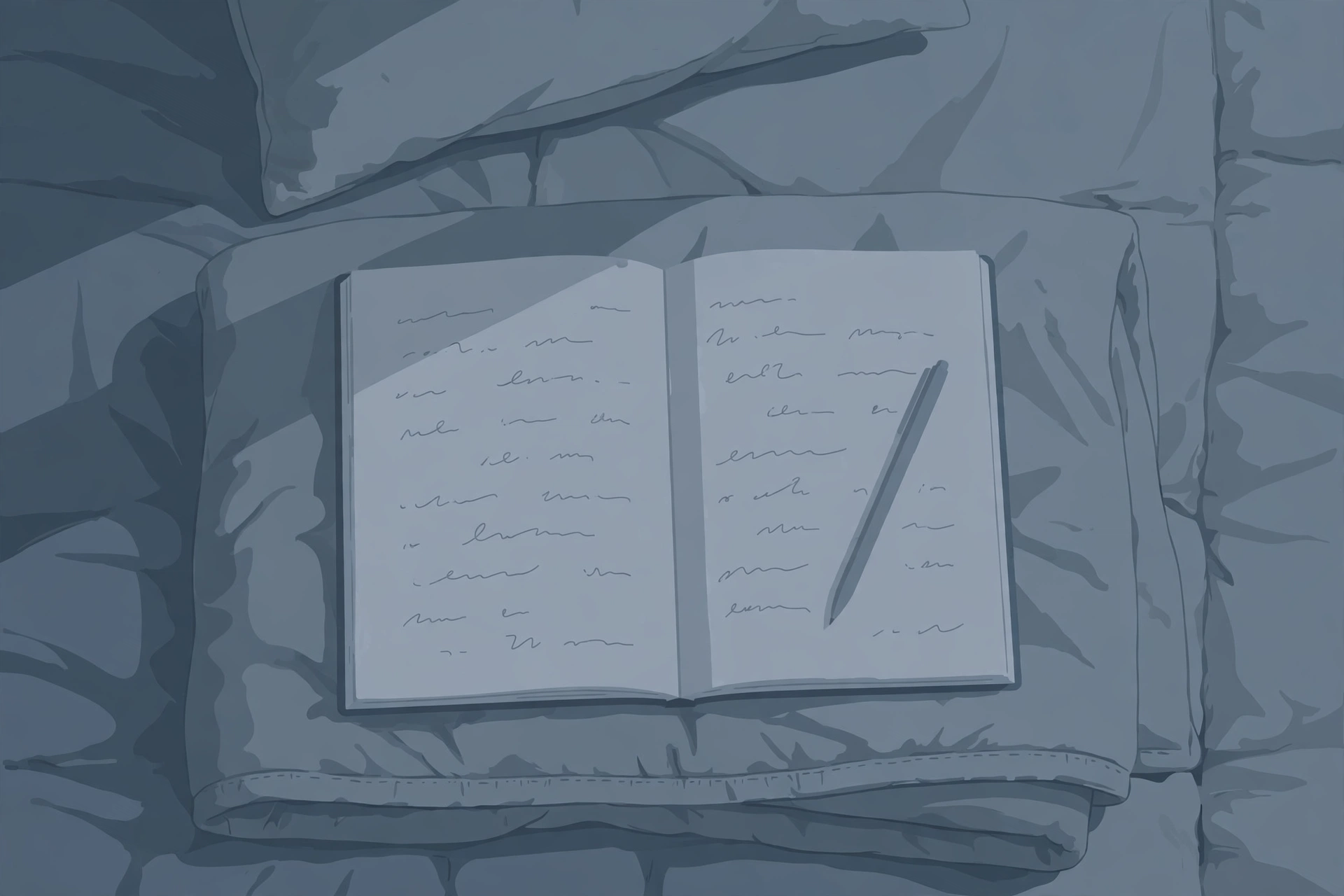 Illustration of an open diary on a bed in dim evening light with a pen resting on the page