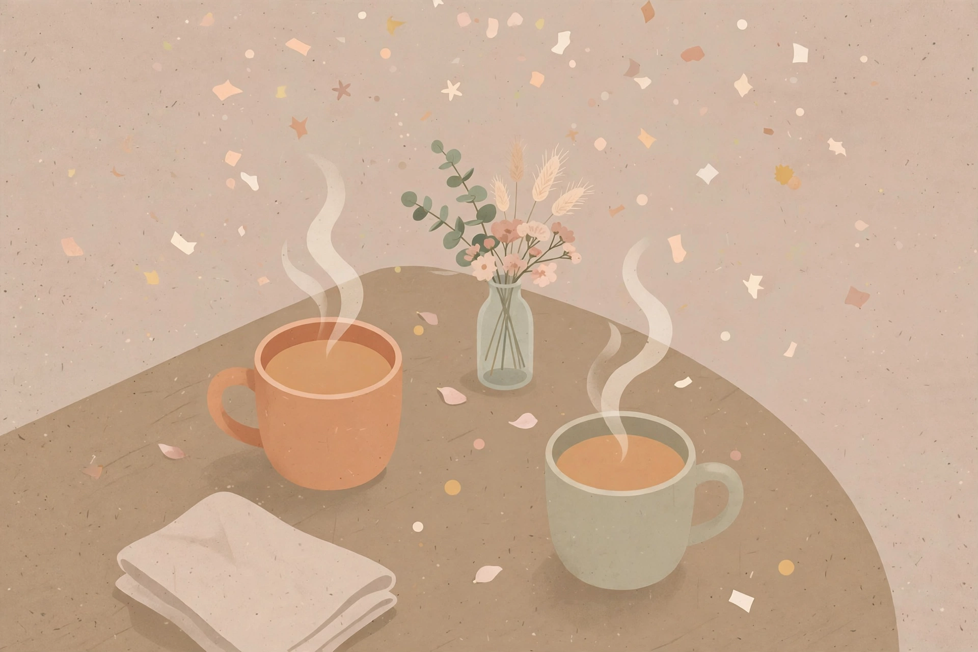 Illustration of two mugs and a small vase of flowers on a cafe table with confetti in the air