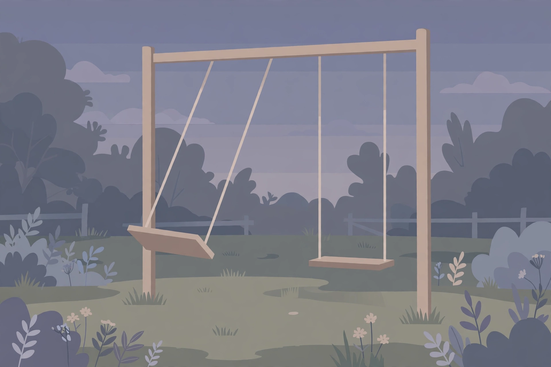 Illustration of two swings at dusk, one gently swaying and one still