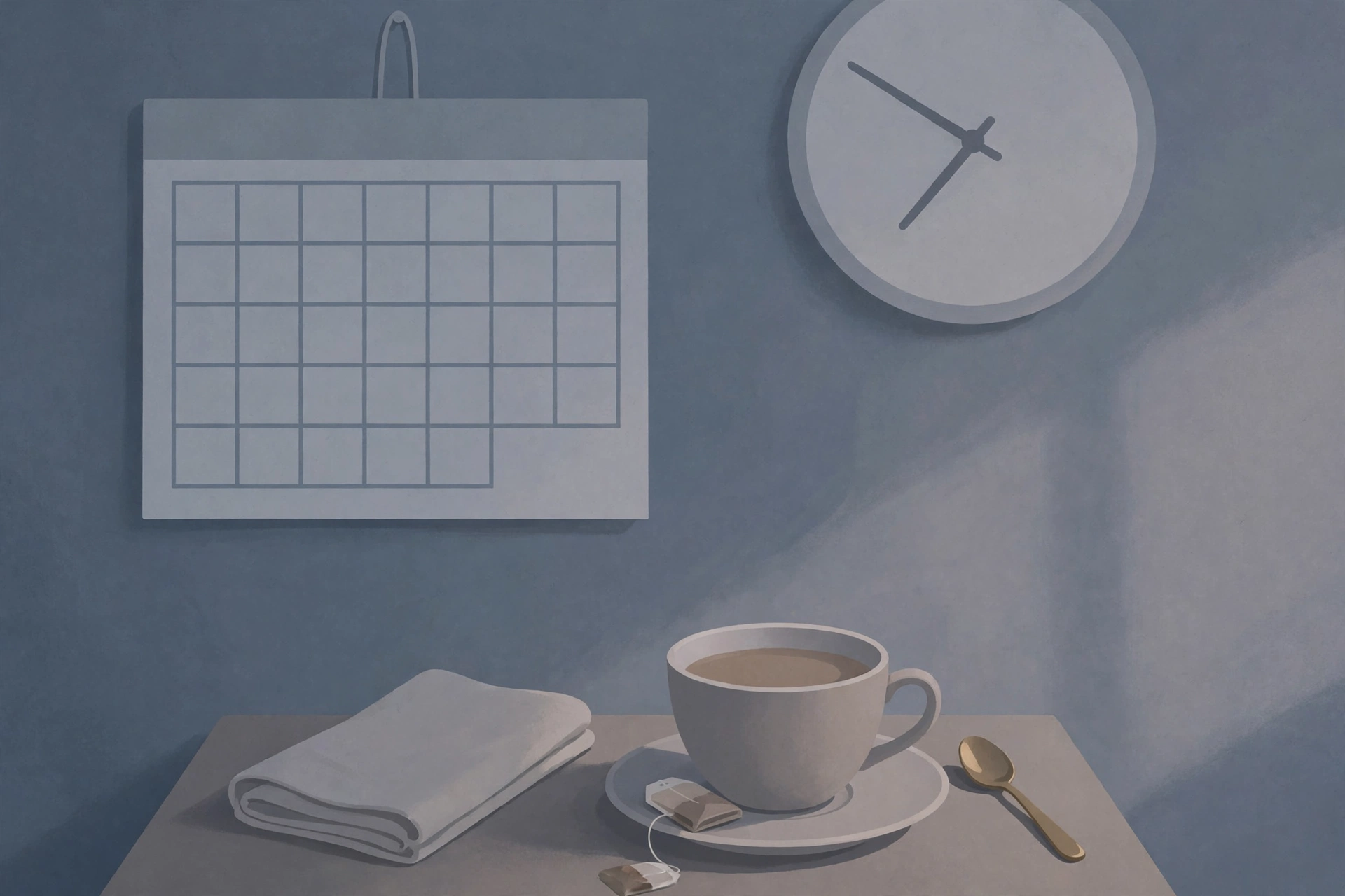 Illustration of a wall calendar and clock in dim evening light with a cup of tea