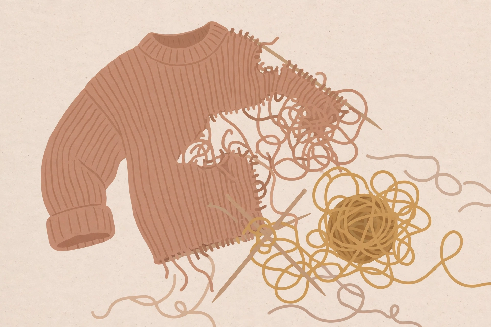 Illustration of a half-knitted sweater with a tangled ball of yarn and knitting needles
