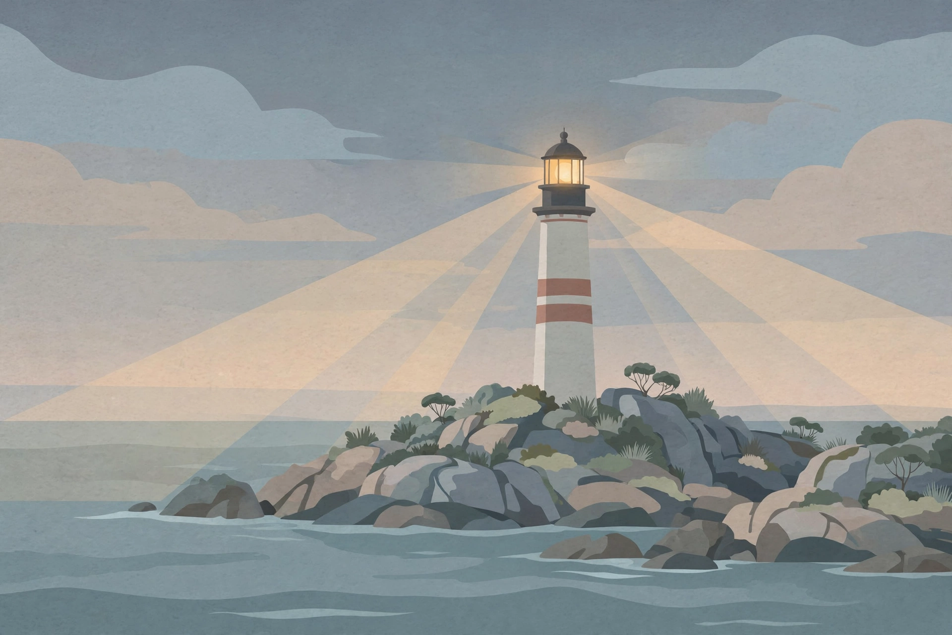 Illustration of a lone lighthouse on rocks by the sea at dusk with its light on