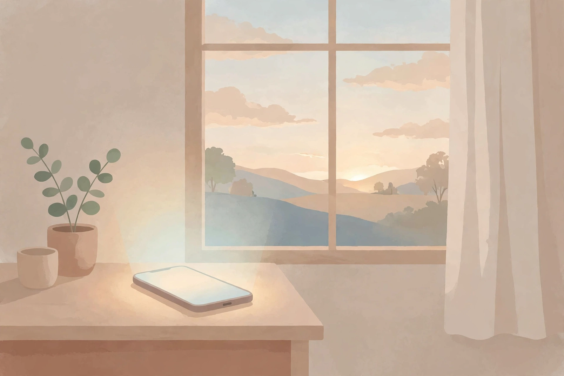 Illustration of a phone glowing softly on a bedside table at dawn while waiting for good news