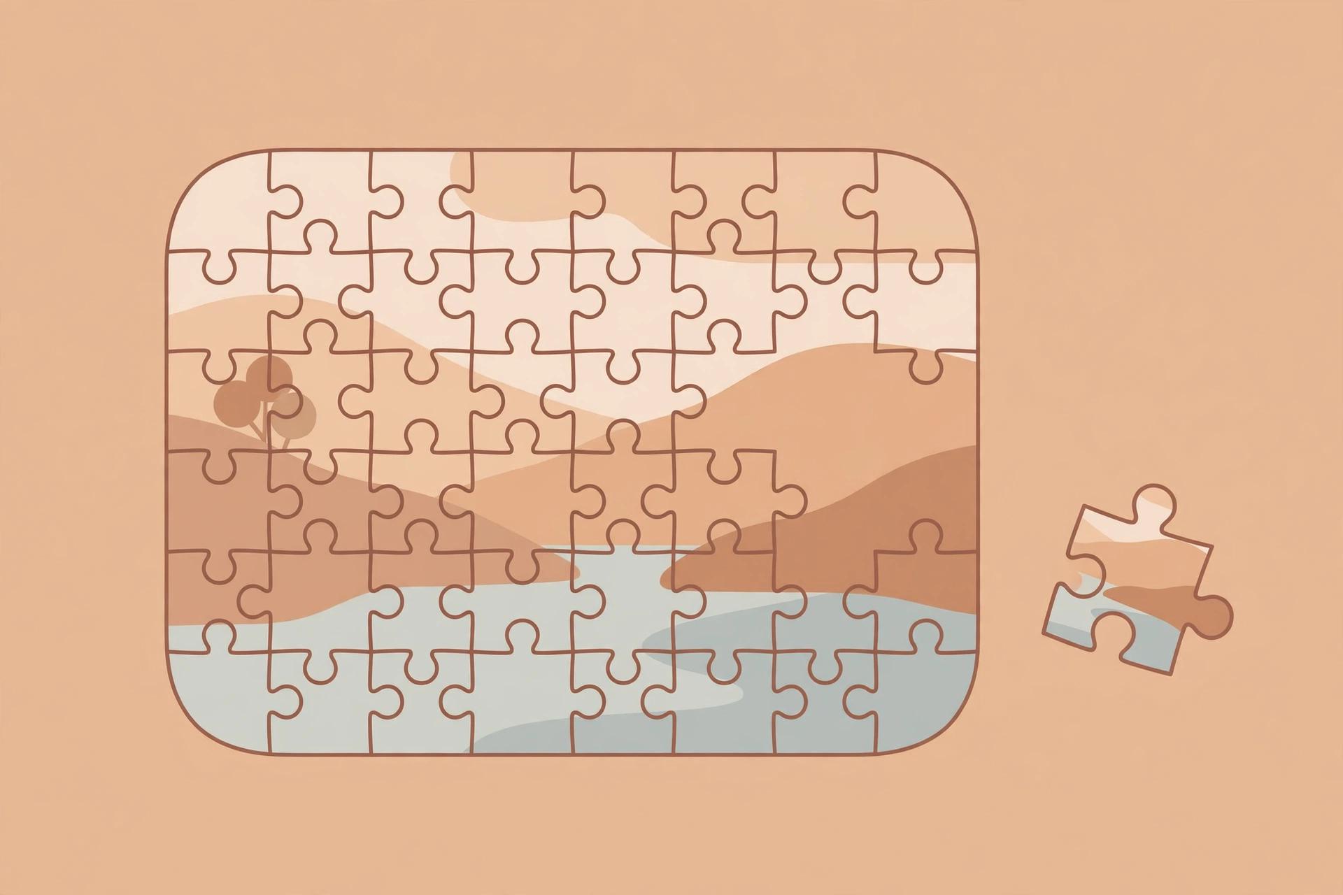 Illustration of a nearly finished jigsaw puzzle on a table with one piece lying beside it