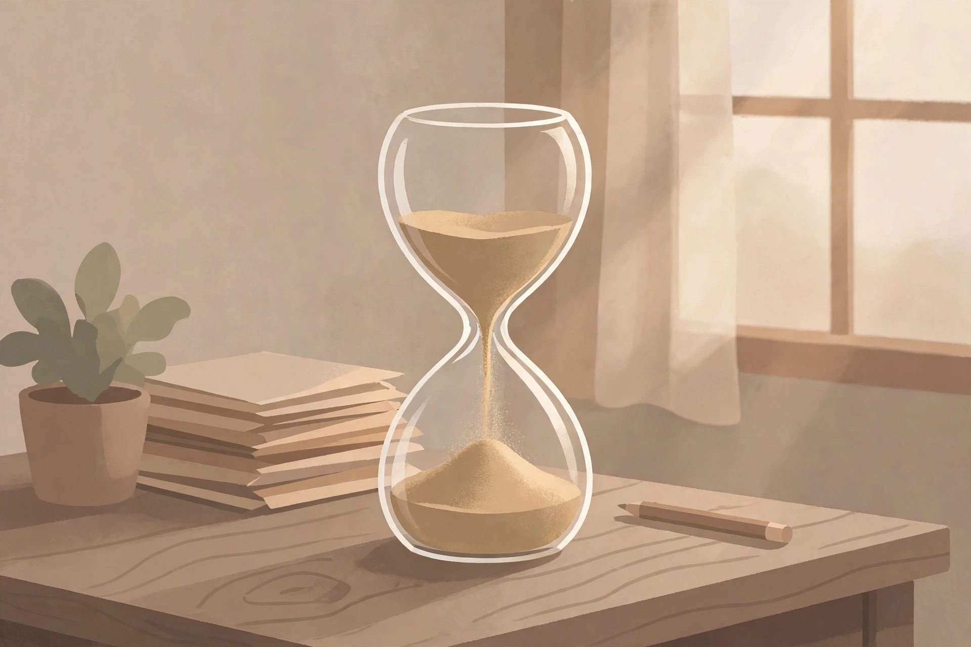 Illustration of a glass hourglass on a wooden desk with sand mid-fall in soft window light