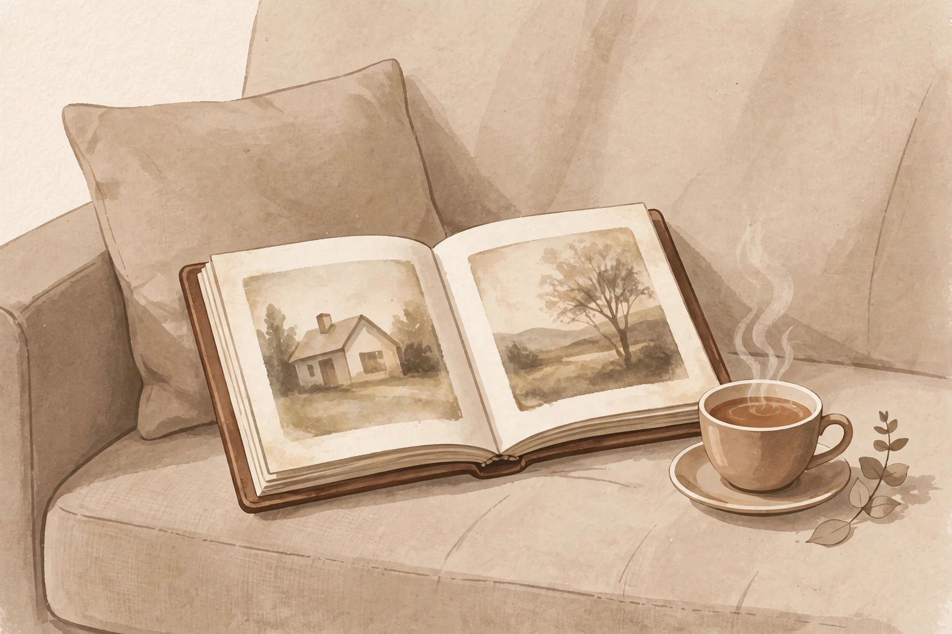 Illustration of an open photo album with faded photographs on a sofa beside a cup of tea
