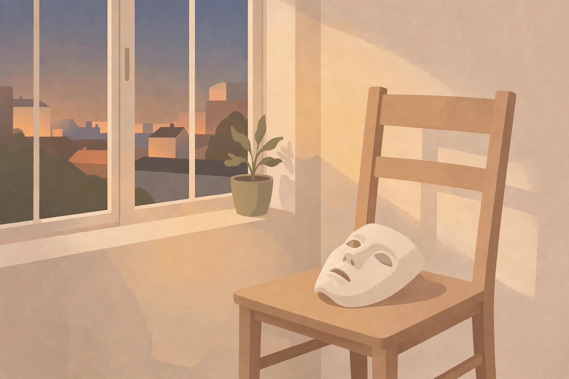 Illustration of a plain theater mask resting on a chair beside a window in evening light