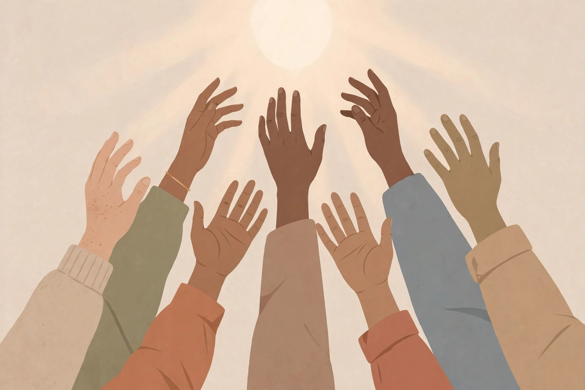 Illustration of many hands of varied skin tones raised together toward soft light
