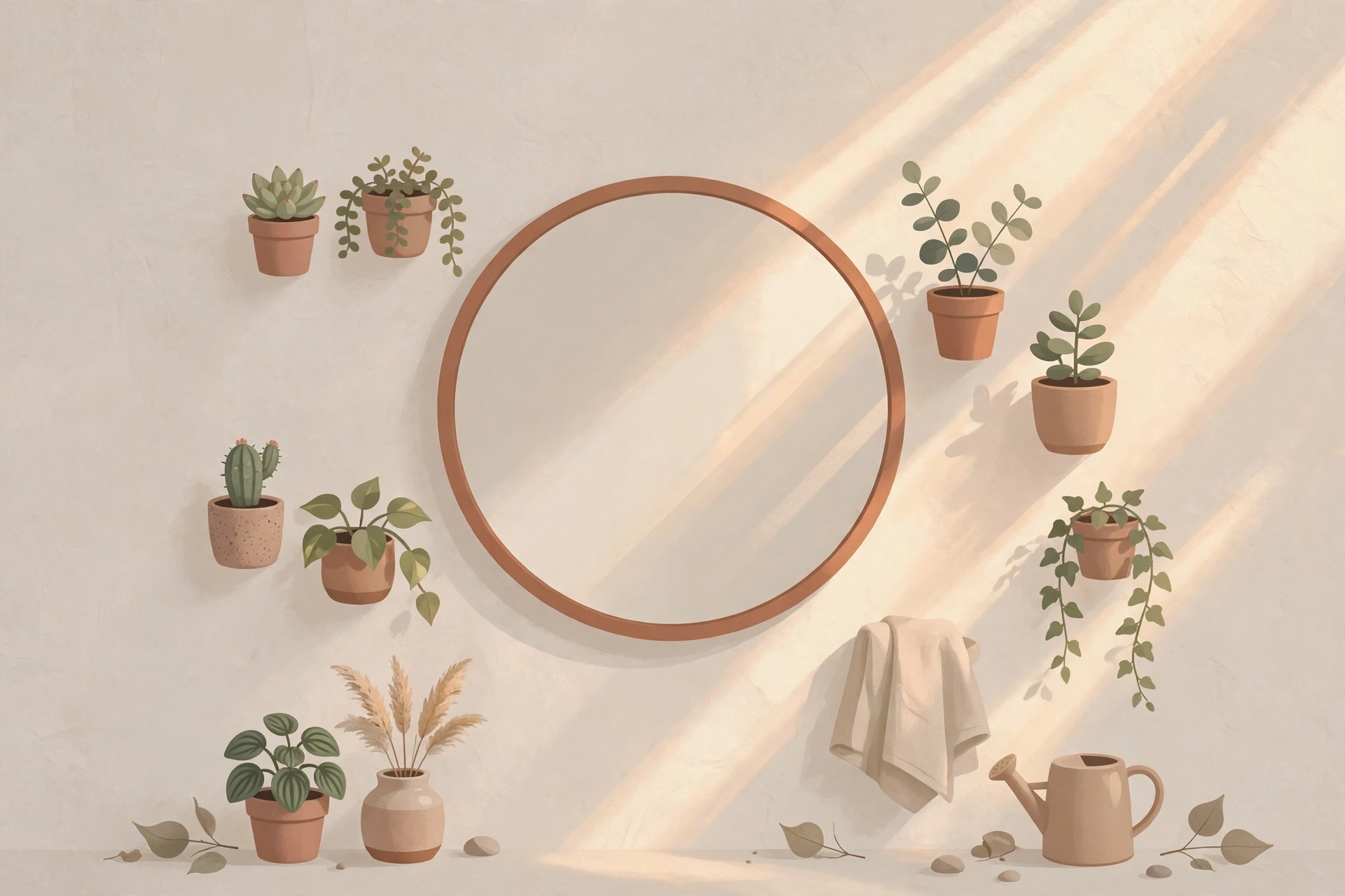Illustration of a calm mirror surrounded by small potted plants in soft sunlight