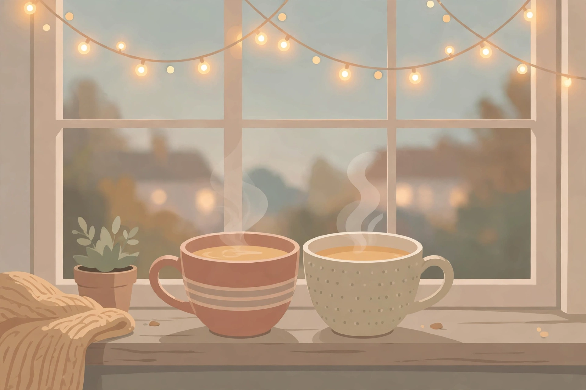 Illustration of two cups of tea side by side on a windowsill with string lights