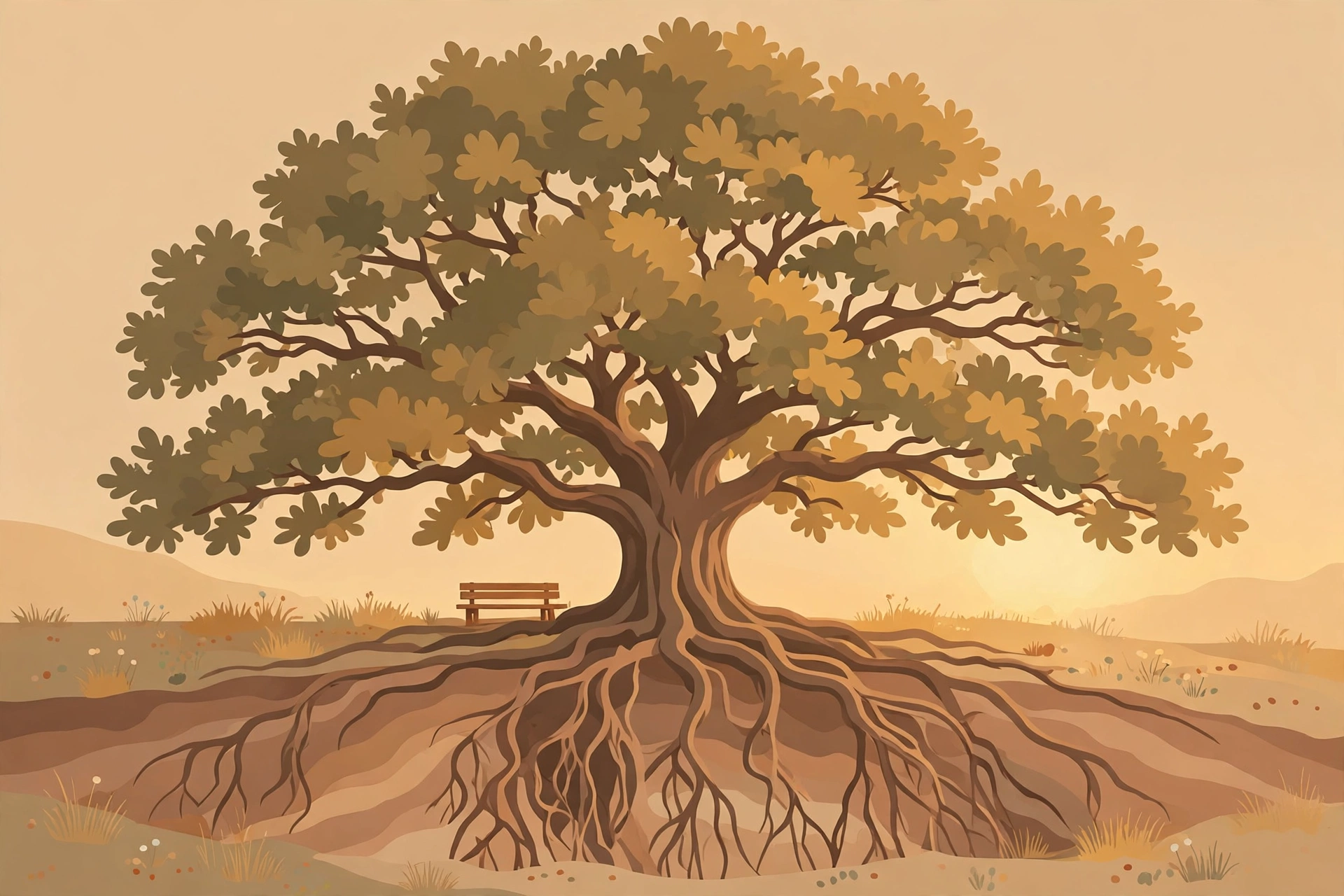 Illustration of a great oak tree with deep roots and a small bench beneath it at golden hour