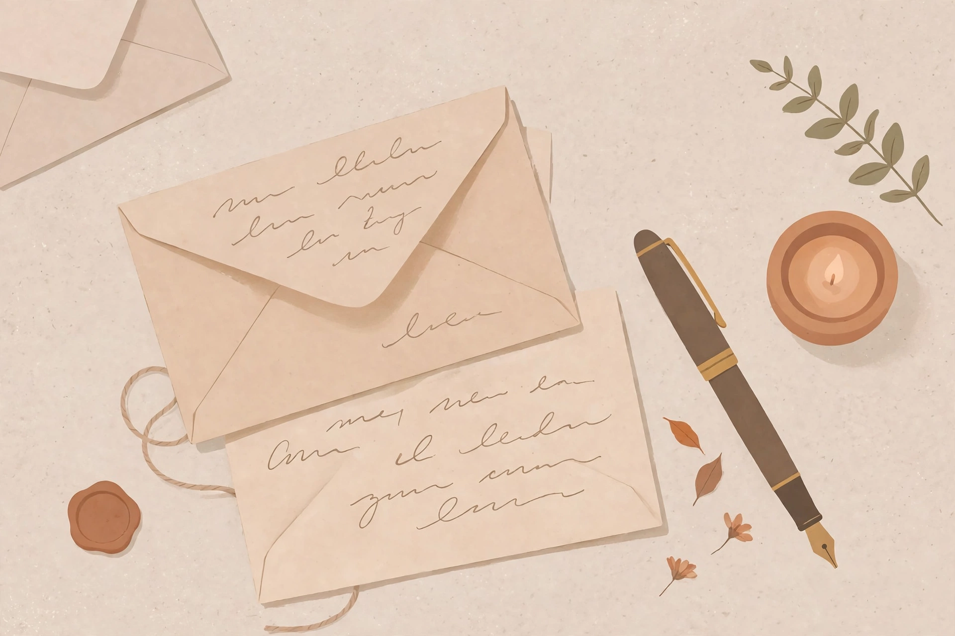Illustration of handwritten letters and a fountain pen on a desk beside a small candle