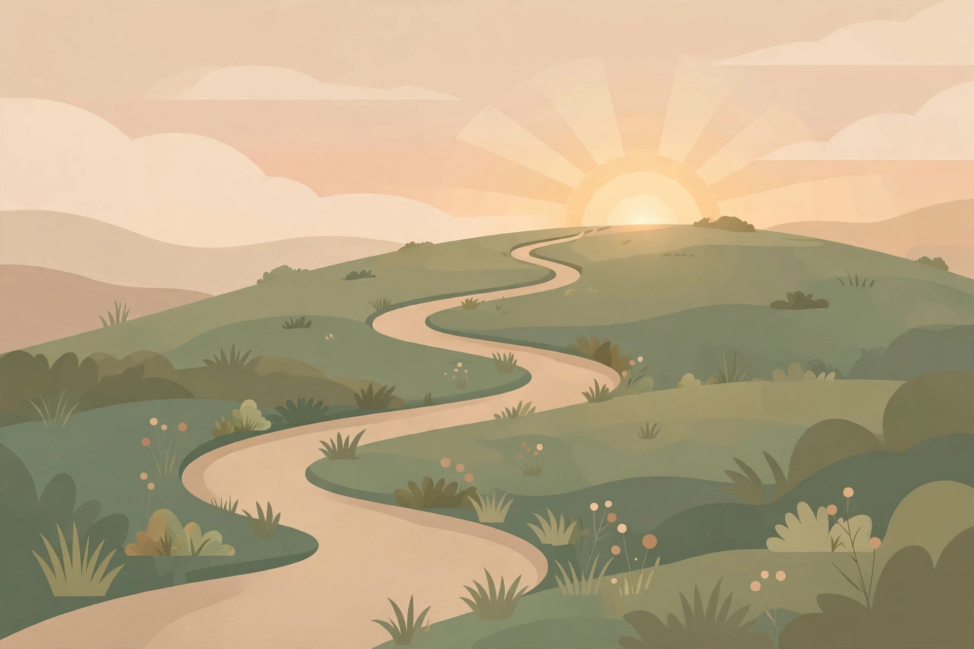 Illustration of a winding path up a green hill toward a bright sunrise