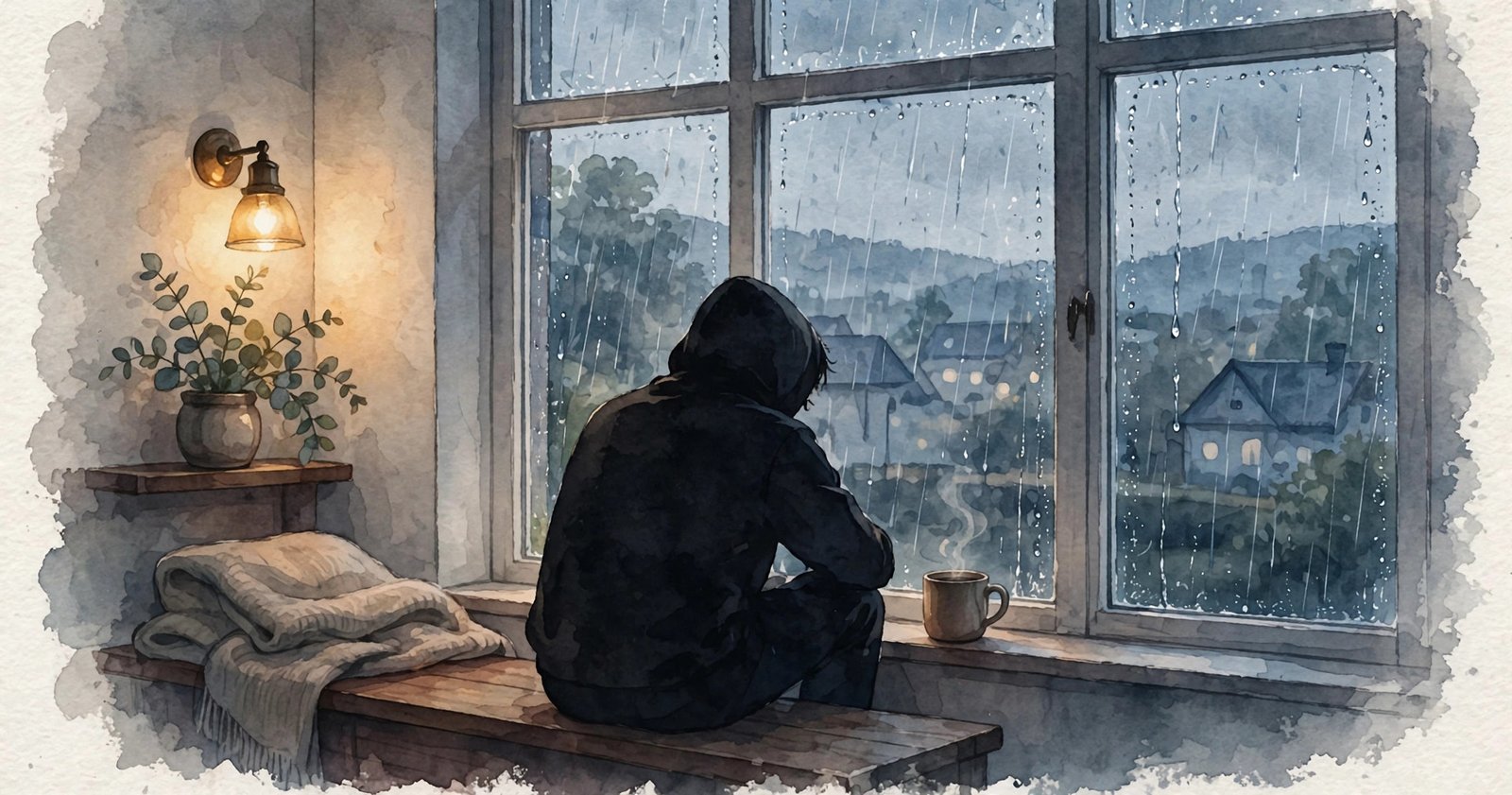 Lone silhouette sitting by a rainy window at dusk