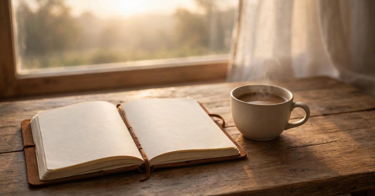 Open journal beside a cup of morning coffee in soft sunrise light