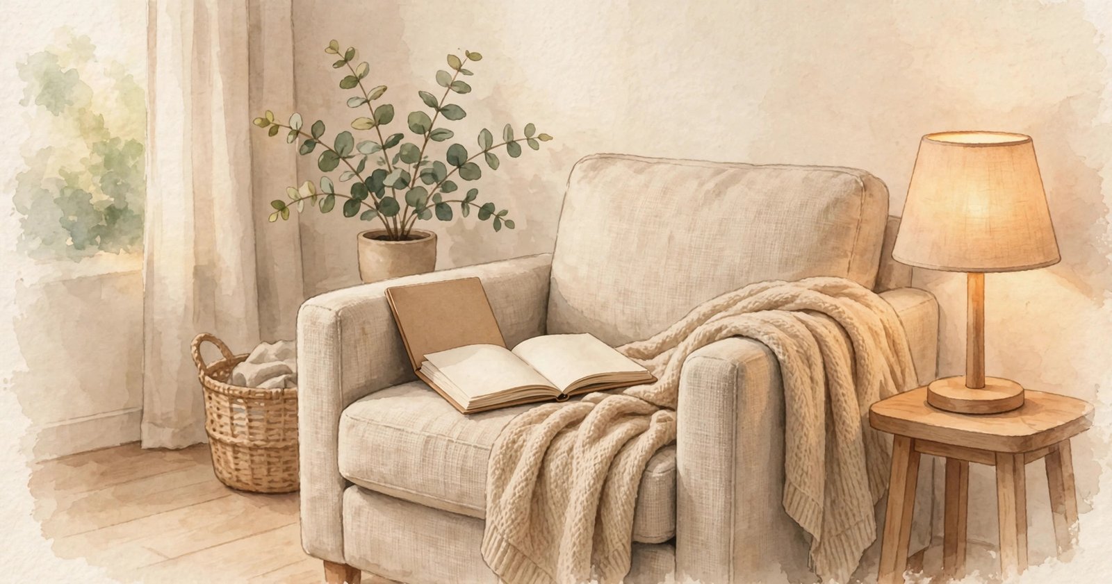 Cozy reading corner with warm lamp and open journal