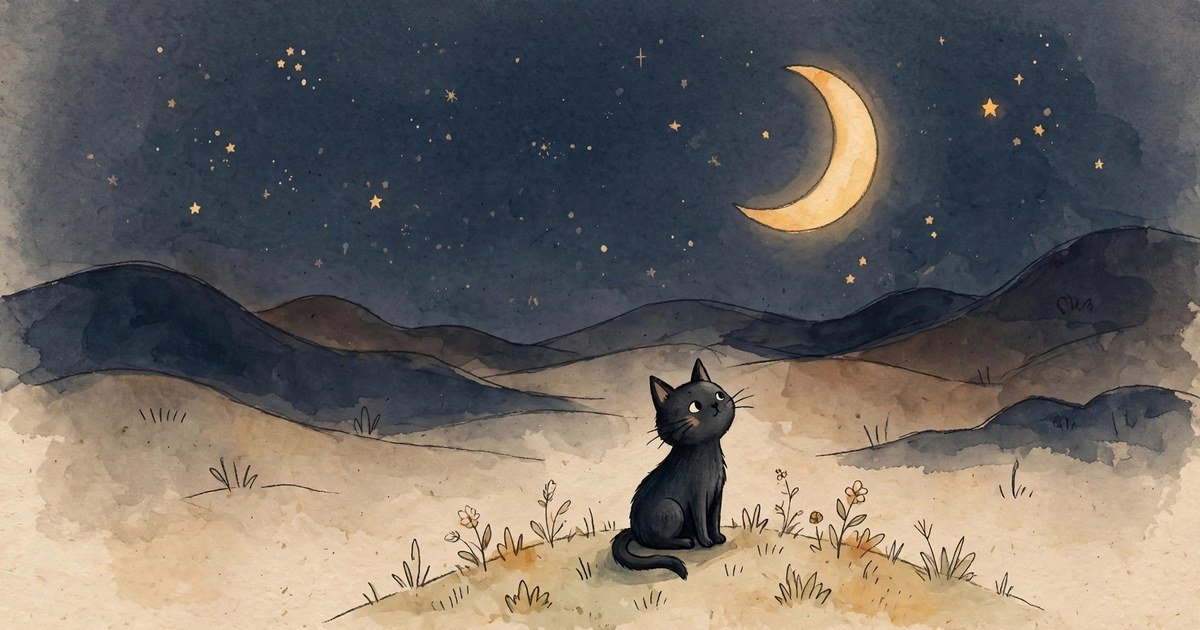 Playful black cat under a crescent moon with stars