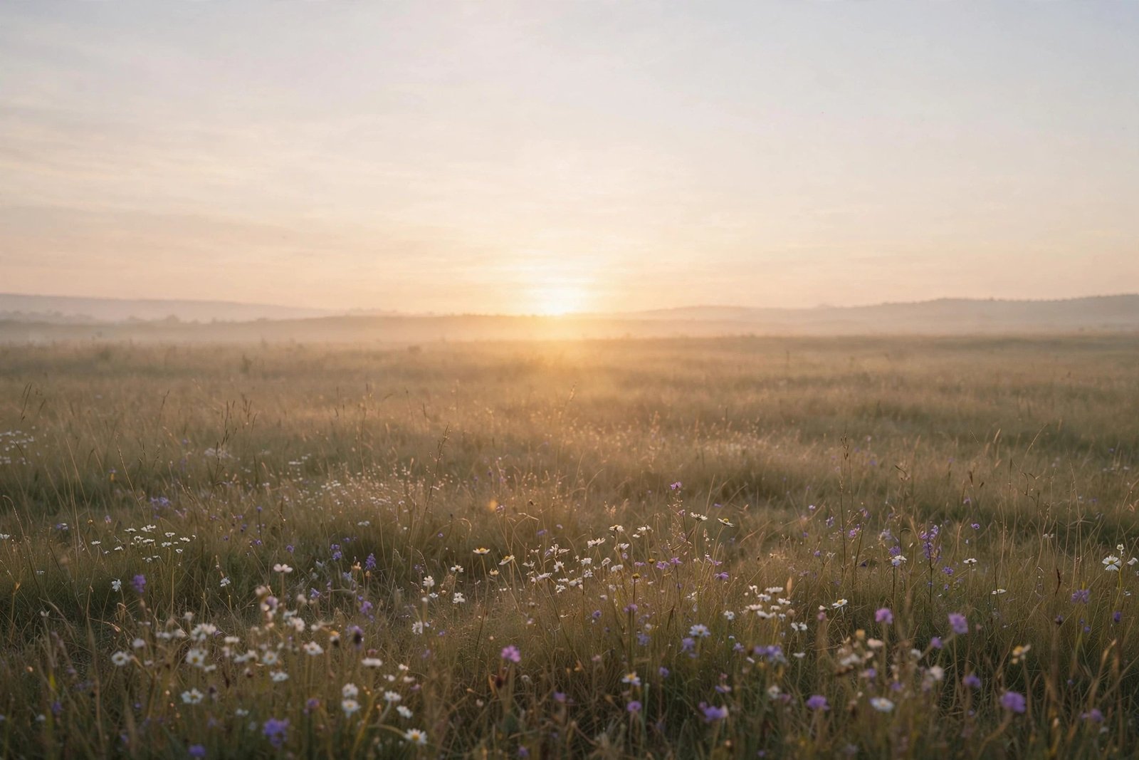 Warm sunrise over a quiet meadow with wildflowers