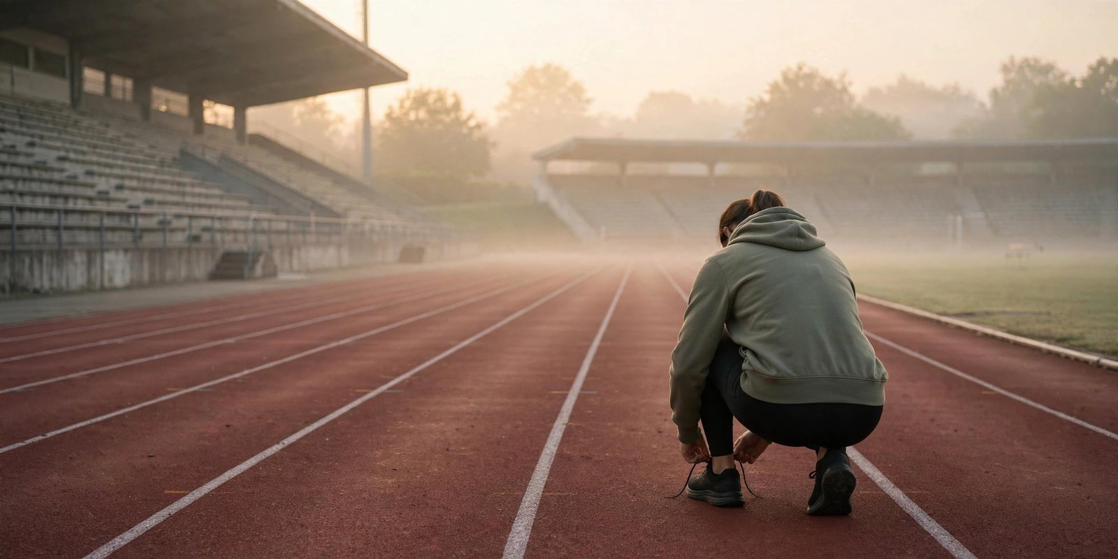 Athlete tying sports shoes on an empty track at dawn
