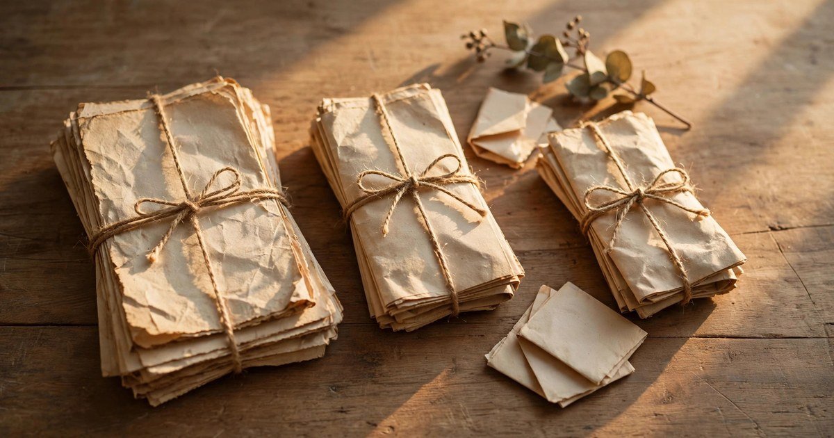 Handwritten letters and notes tied with twine on a wooden desk