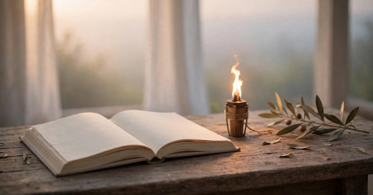 Open book beside a small lit torch on a wooden desk at dawn
