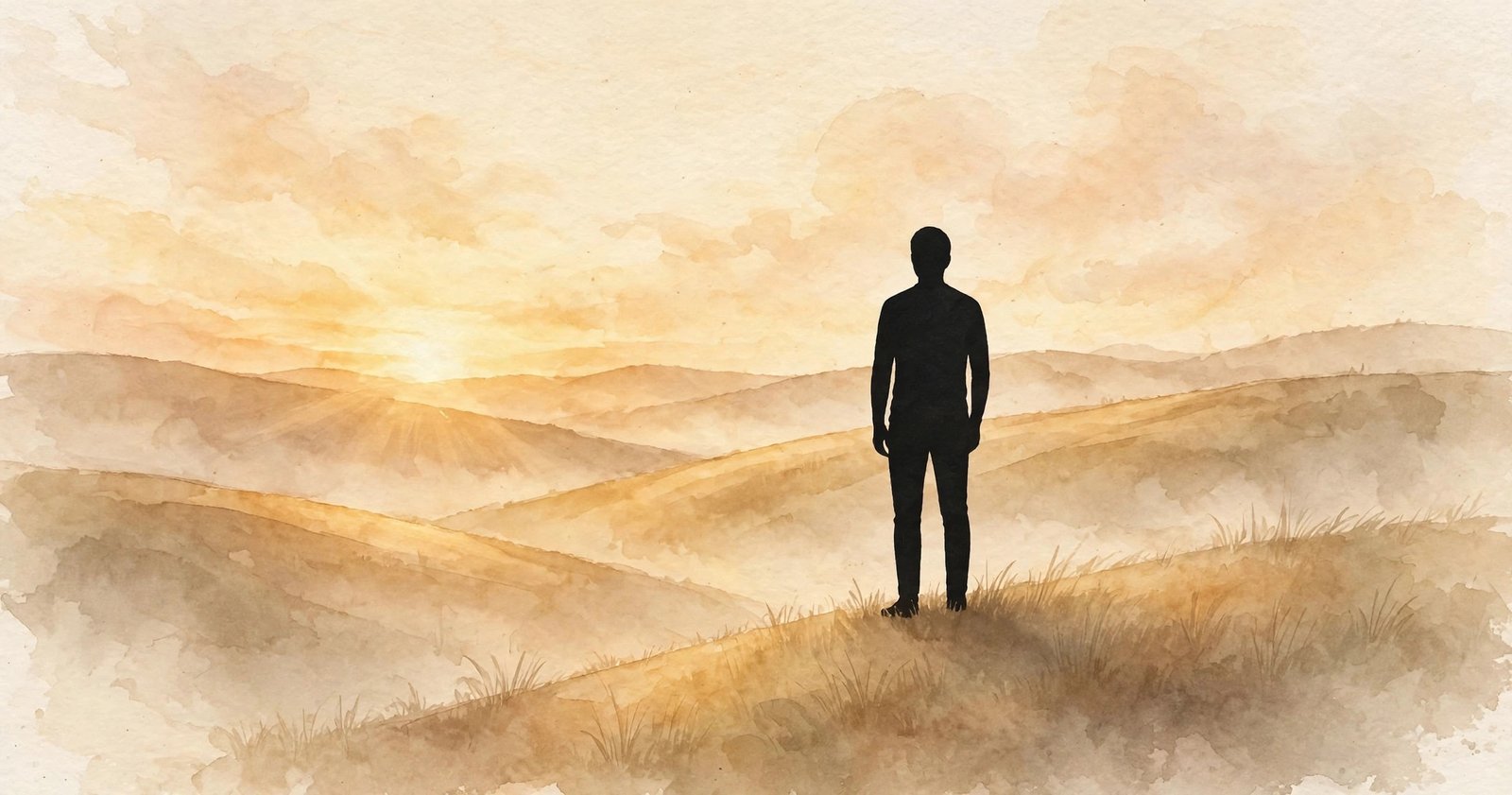 Confident silhouette standing tall on a hill at sunrise