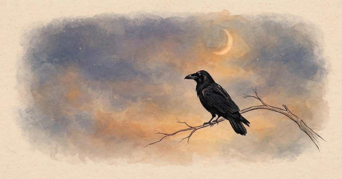 Black raven perched on a branch against a twilight sky