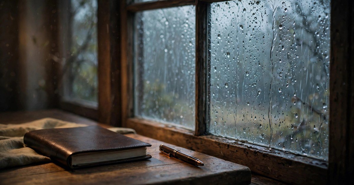 Rain drops on a window with a closed journal and pen