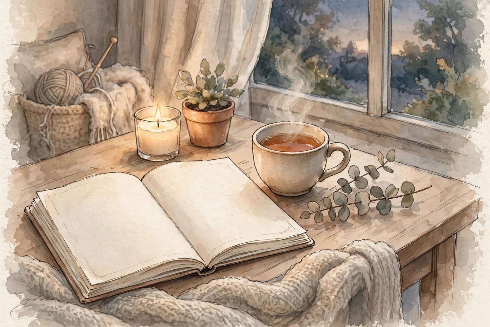 Soft illustration of a quiet Sunday evening in a cozy room with warm light