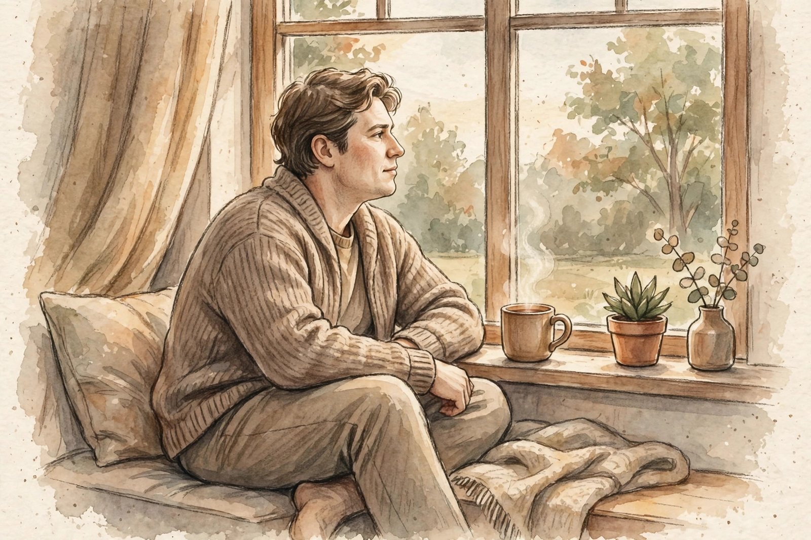 Soft illustration of a friend sitting alone with tea by a window