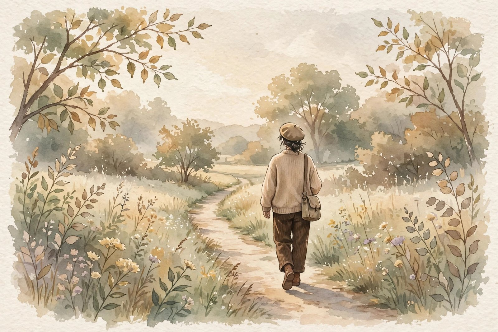 Soft illustration of a person walking alone in gentle light