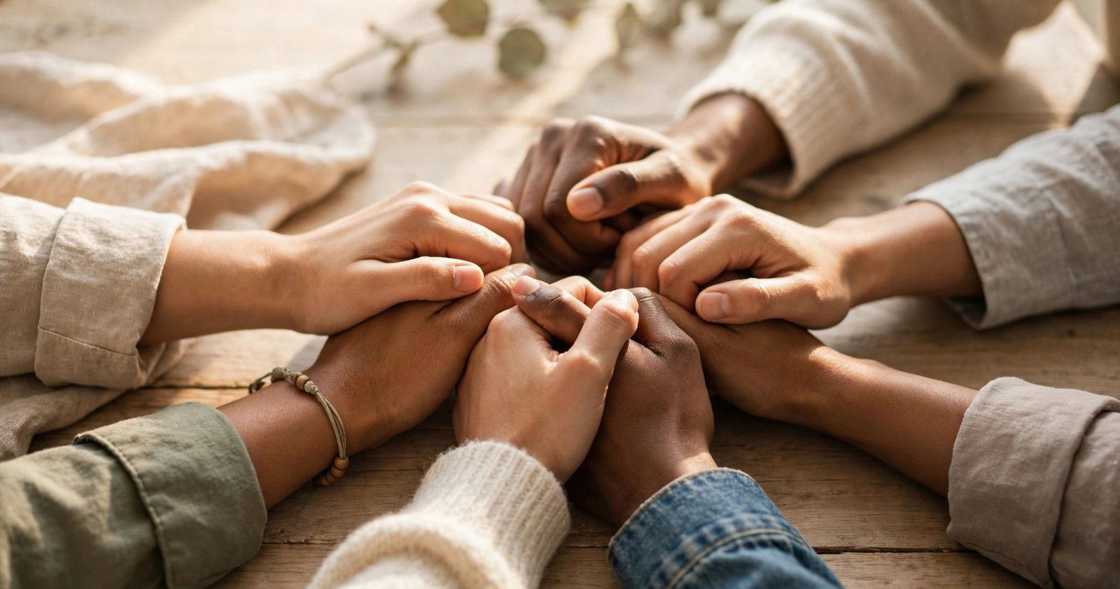 Diverse hands joined together in unity