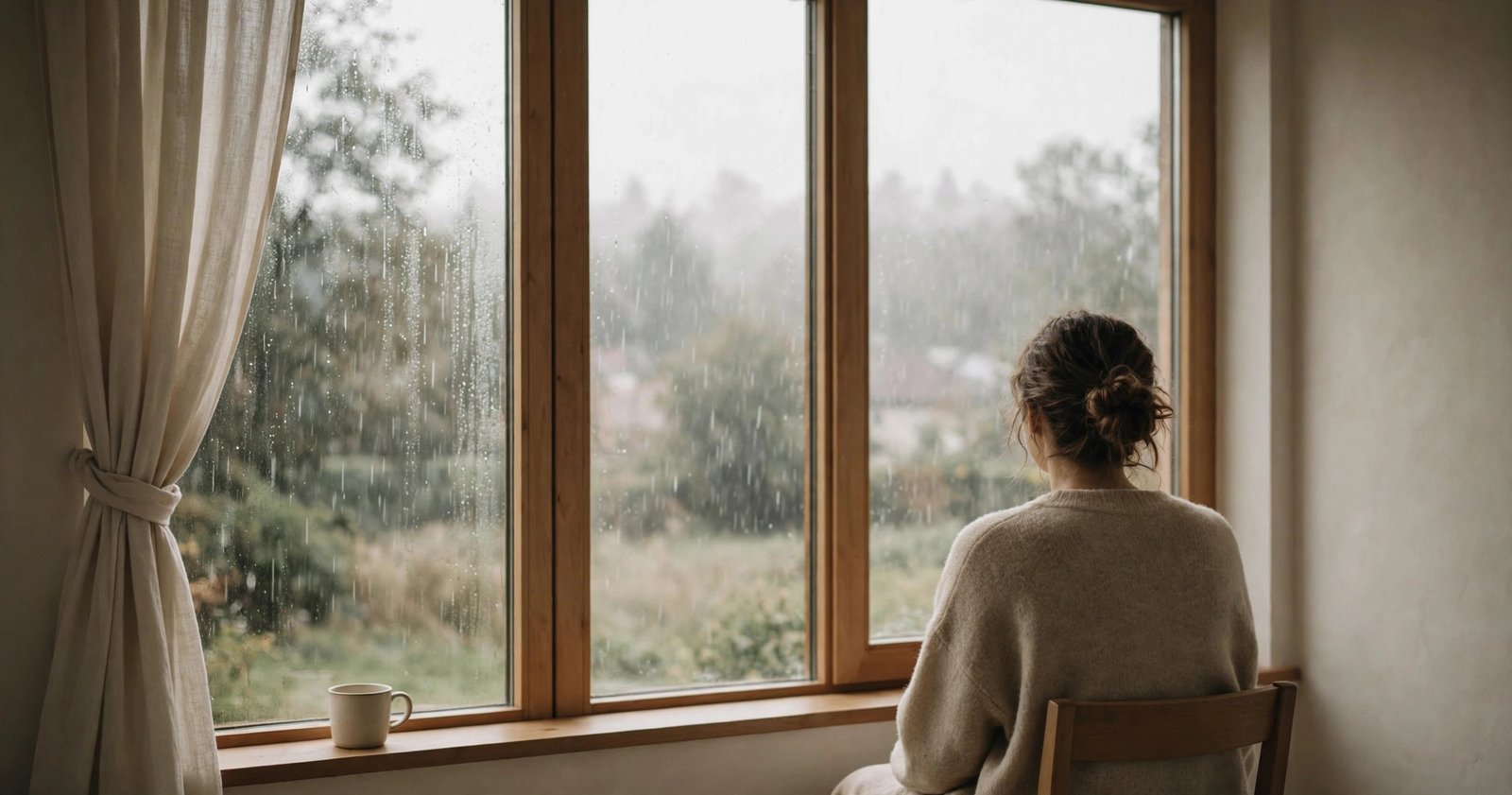 Person sitting by a large window watching rain