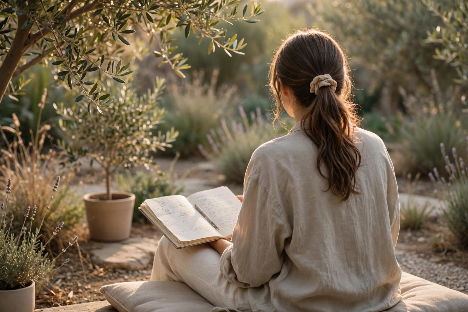 Person sitting peacefully in a sunlit garden with a journal on their lap