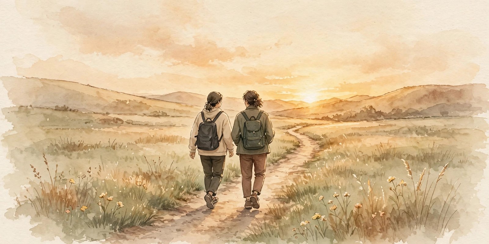 Two friends walking side by side on a path at golden sunset
