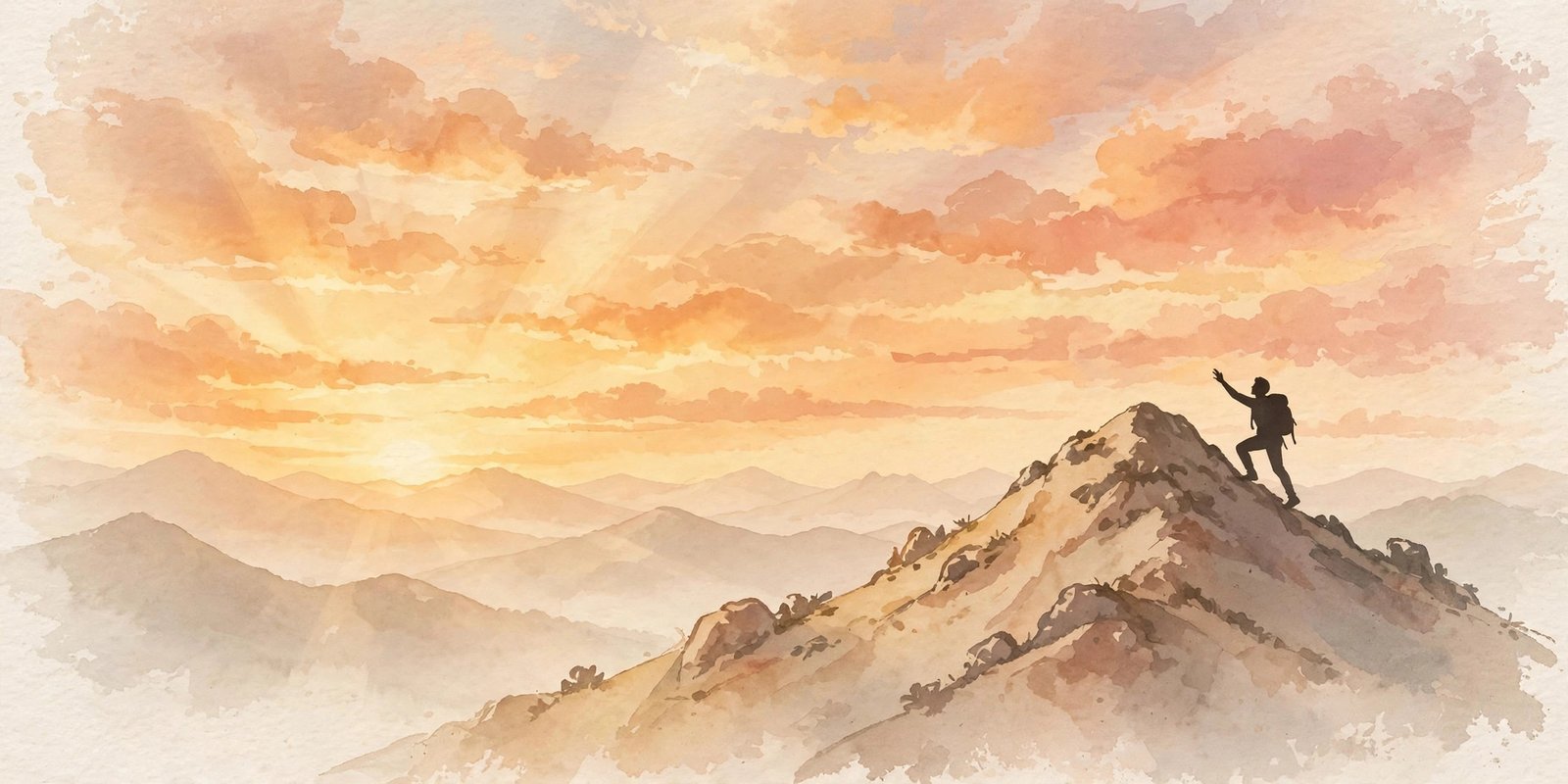 Climber reaching a mountain summit at sunrise